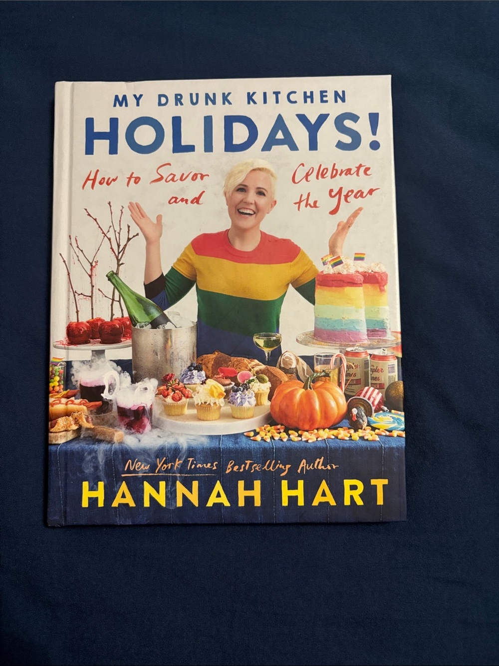 Hannah Rainbow-Striped Sweater Cookbook Cover - Blue, Yellow, Red, Green, Cream